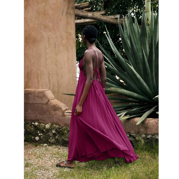 Purple Pleated Maxi Babydoll Dress Open Back Flowy Skirt Tie Straps - Picture 3 of 10